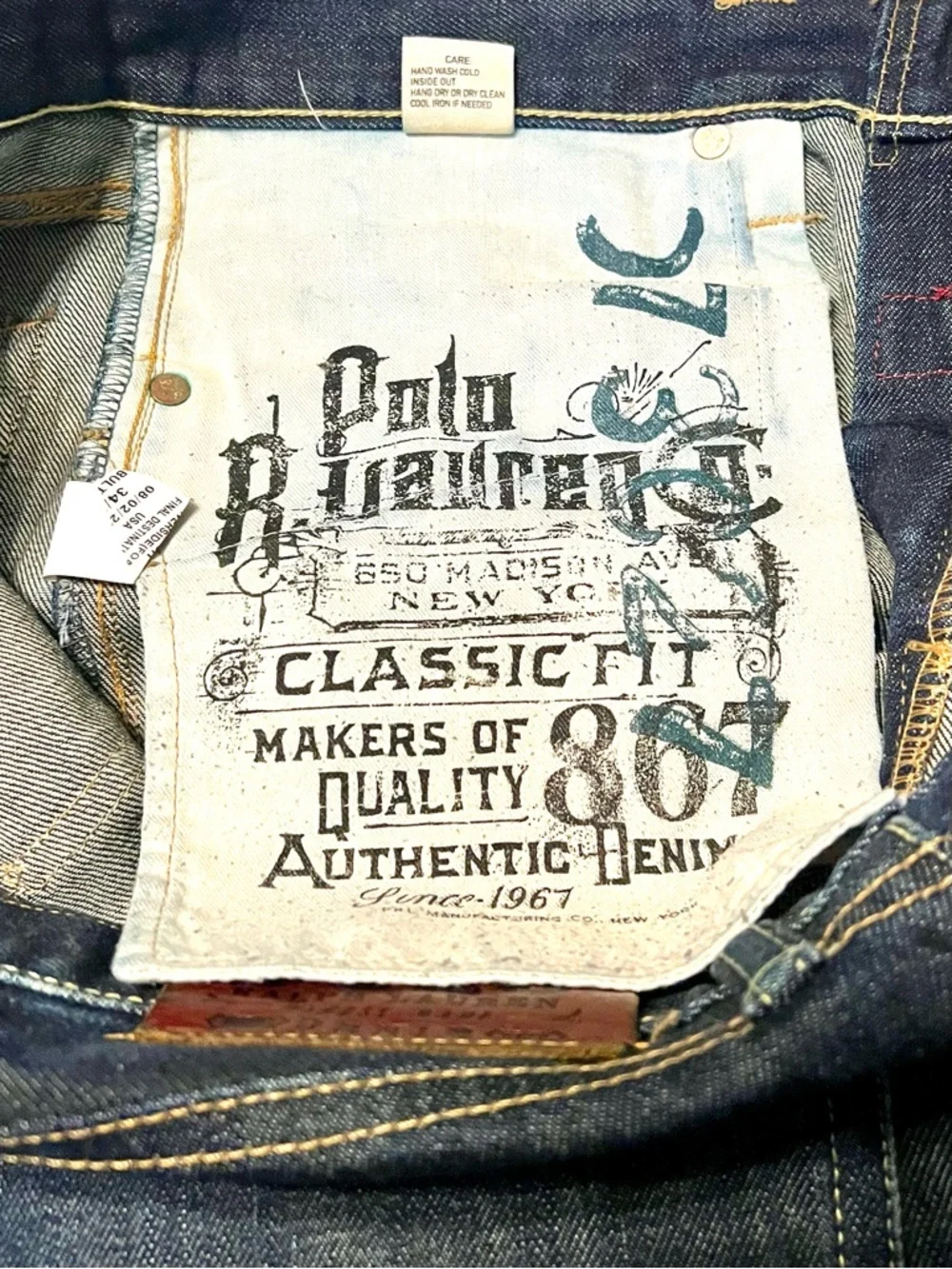 Polo Ralph Lauren Classic Fit 867 Men's Dark Indigo 100% Cotton Jeans-Size 34x30